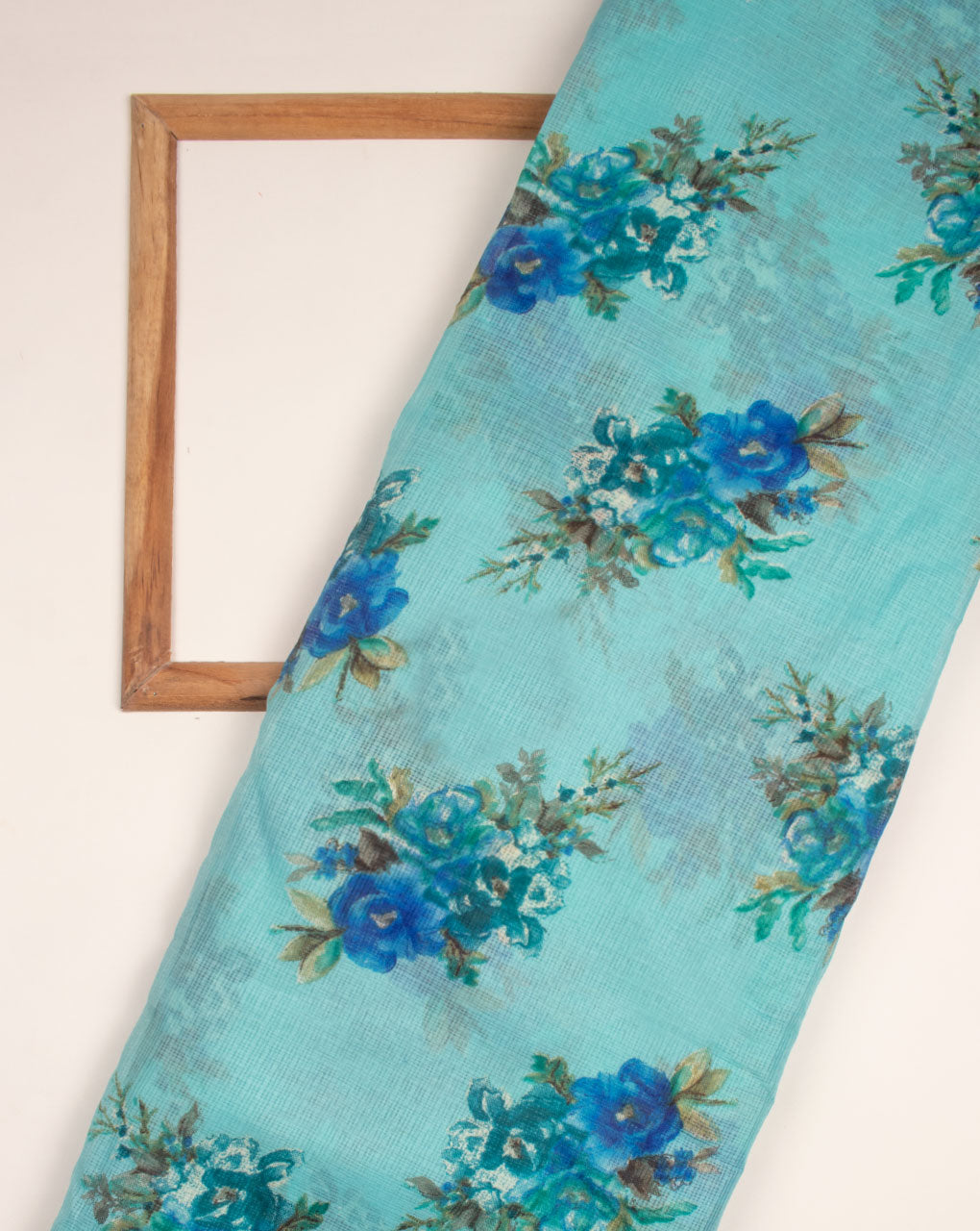 Turquoise & Blue Floral Screen Print Kota Doria Fabric - Fabriclore.com