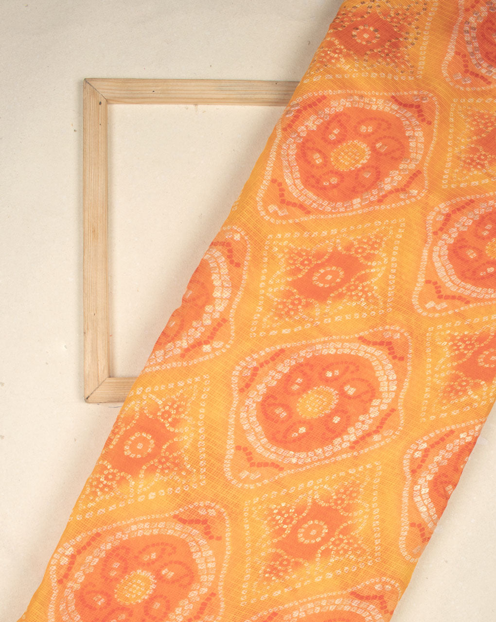 Yellow Orange Bandhani Pattern Foil Screen Print Kota Doria Fabric - Fabriclore.com