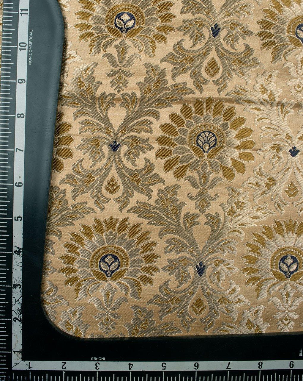 ( Pre-Cut 2 MTR ) Beige Gold Floral Pattern Banarasi Kinkhab Pure Kataan Silk Fabric ( Width 34 Inch ) - Fabriclore.com