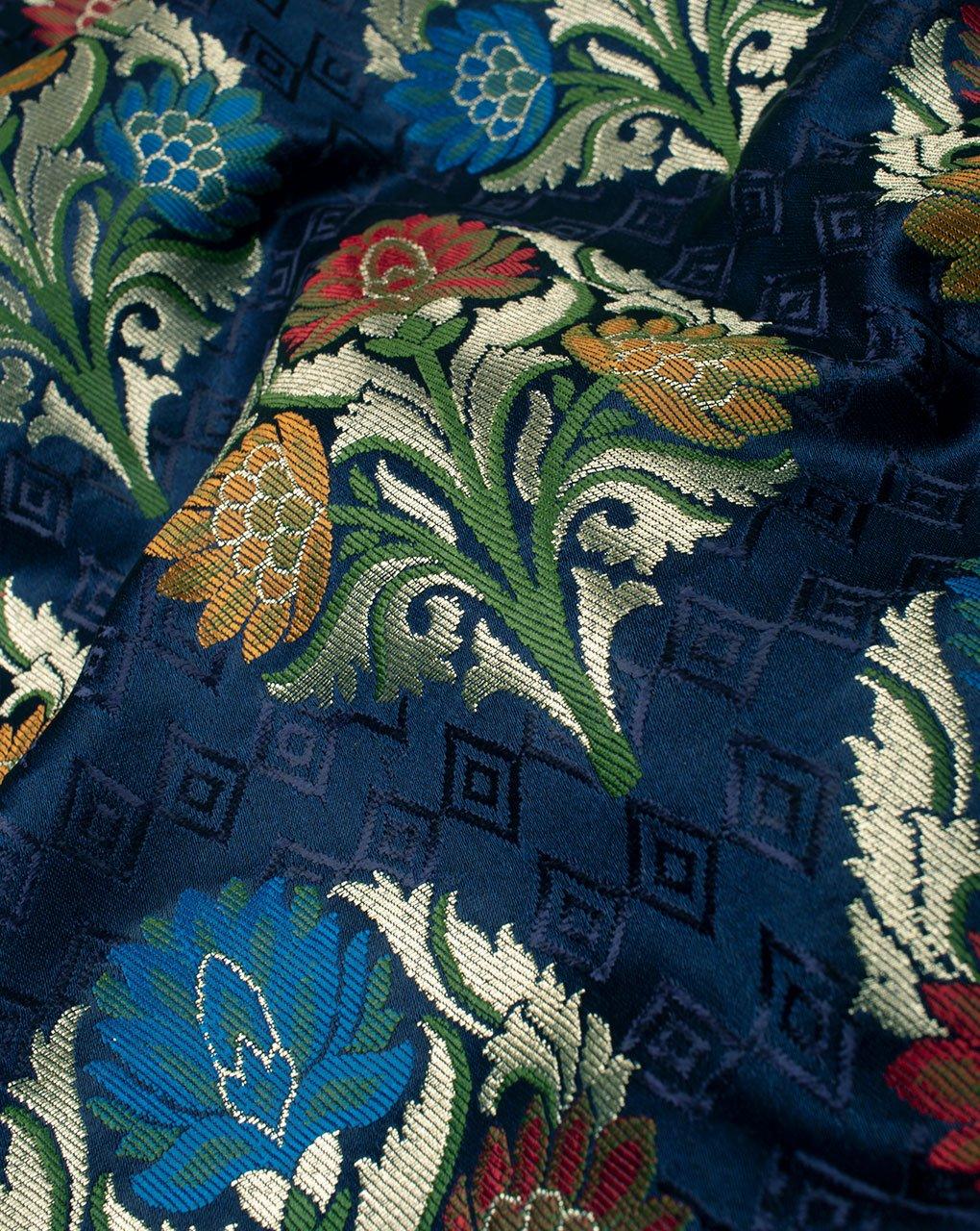 ( Pre-Cut 2 MTR ) Navy Blue Gold Floral Pattern Banarasi Kinkhab Pure Kataan Silk Fabric ( Width 36 Inch ) - Fabriclore.com