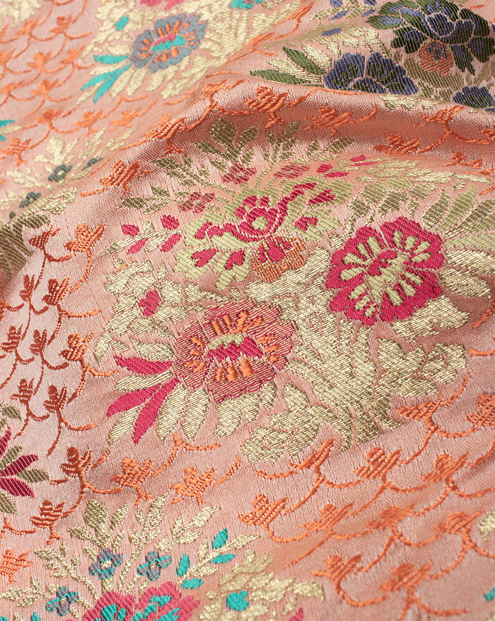 Peach Gold Floral Pattern Banarasi KinKhab Pure Kataan Silk Fabric ( Width 36 Inch ) - Fabriclore.com