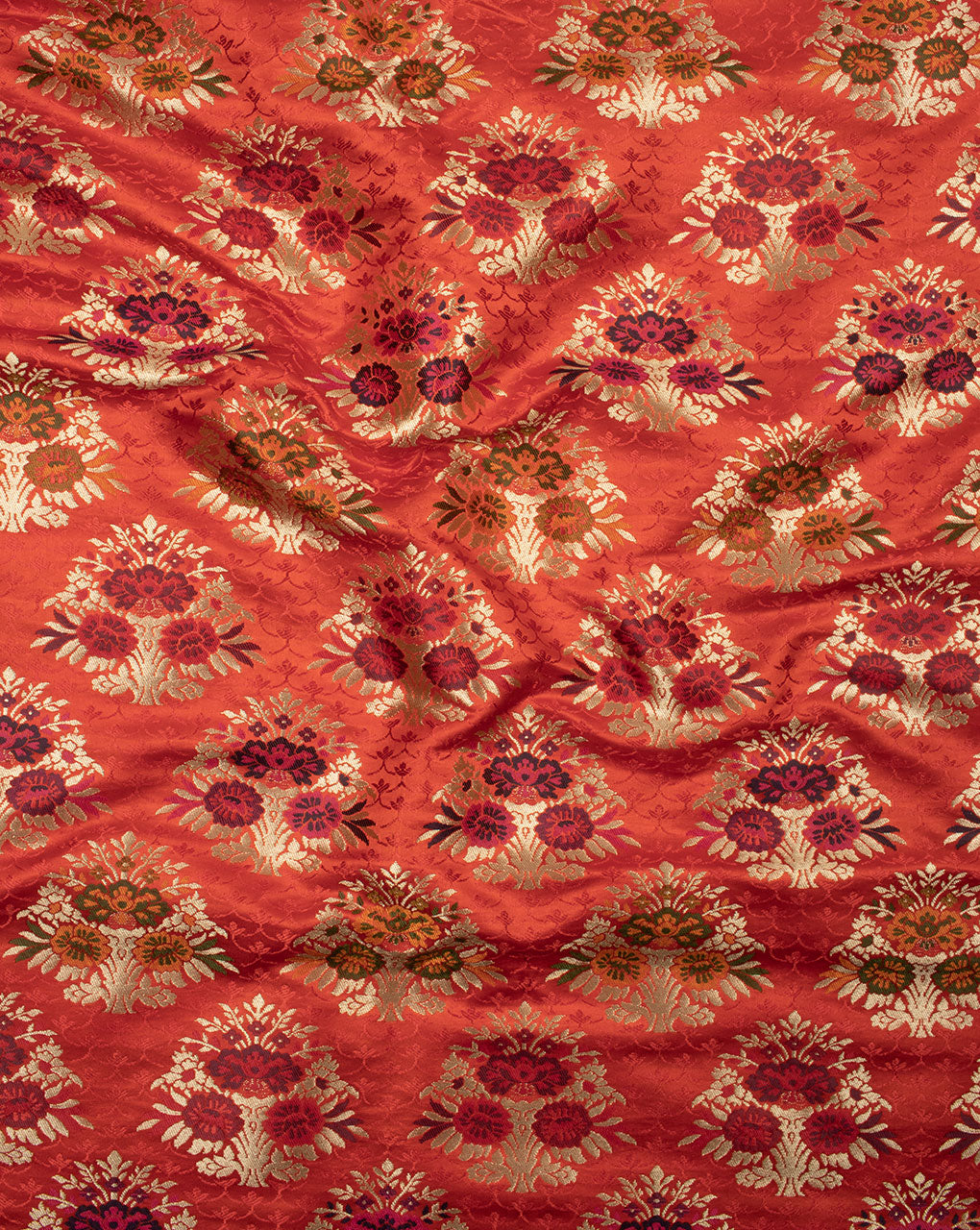 Orange Gold Floral Pattern Banarasi KinKhab Pure Kataan Silk Fabric ( Width 36 Inch ) - Fabriclore.com