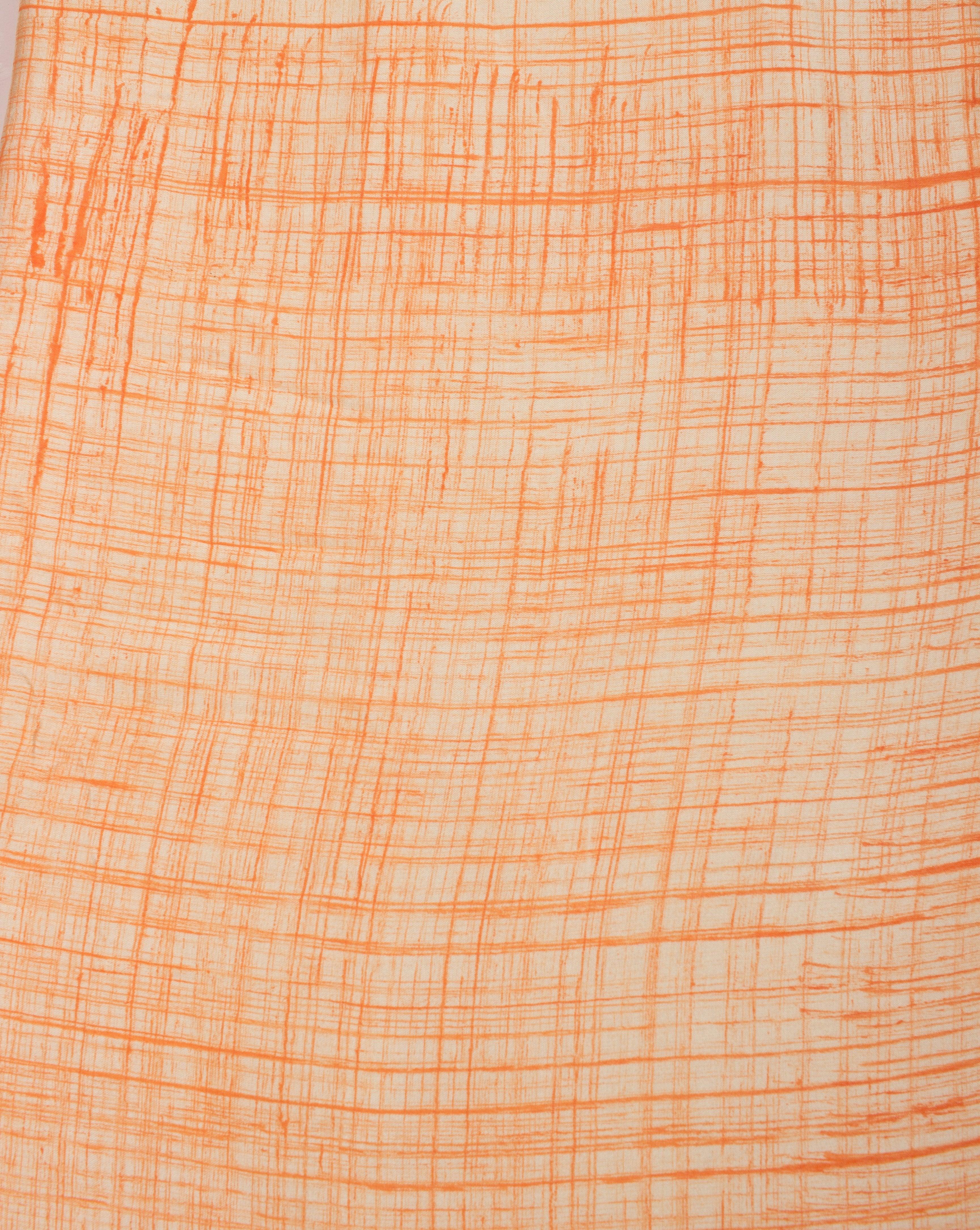 ( Pre-Cut 1 MTR ) Orange Off-White Brush Hand Block Modal Satin Fabric - Fabriclore.com