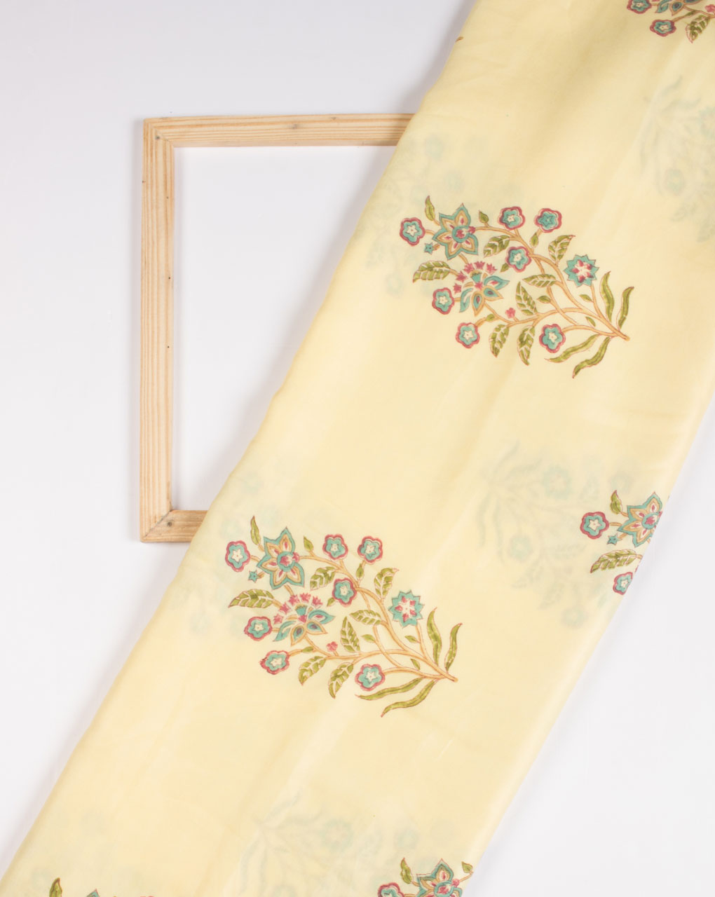 Yellow Green Floral Pattern Hand Block Modal Satin Fabric - Fabriclore.com