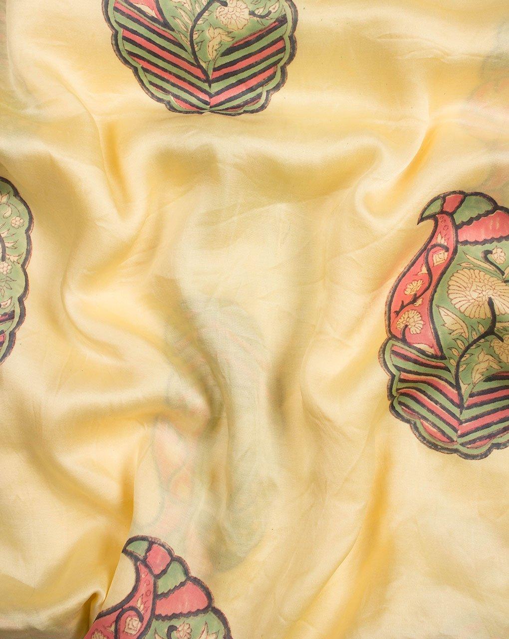( Pre-Cut 75 CM ) Yellow Green Paisley Pattern Hand Block Modal Satin Fabric - Fabriclore.com