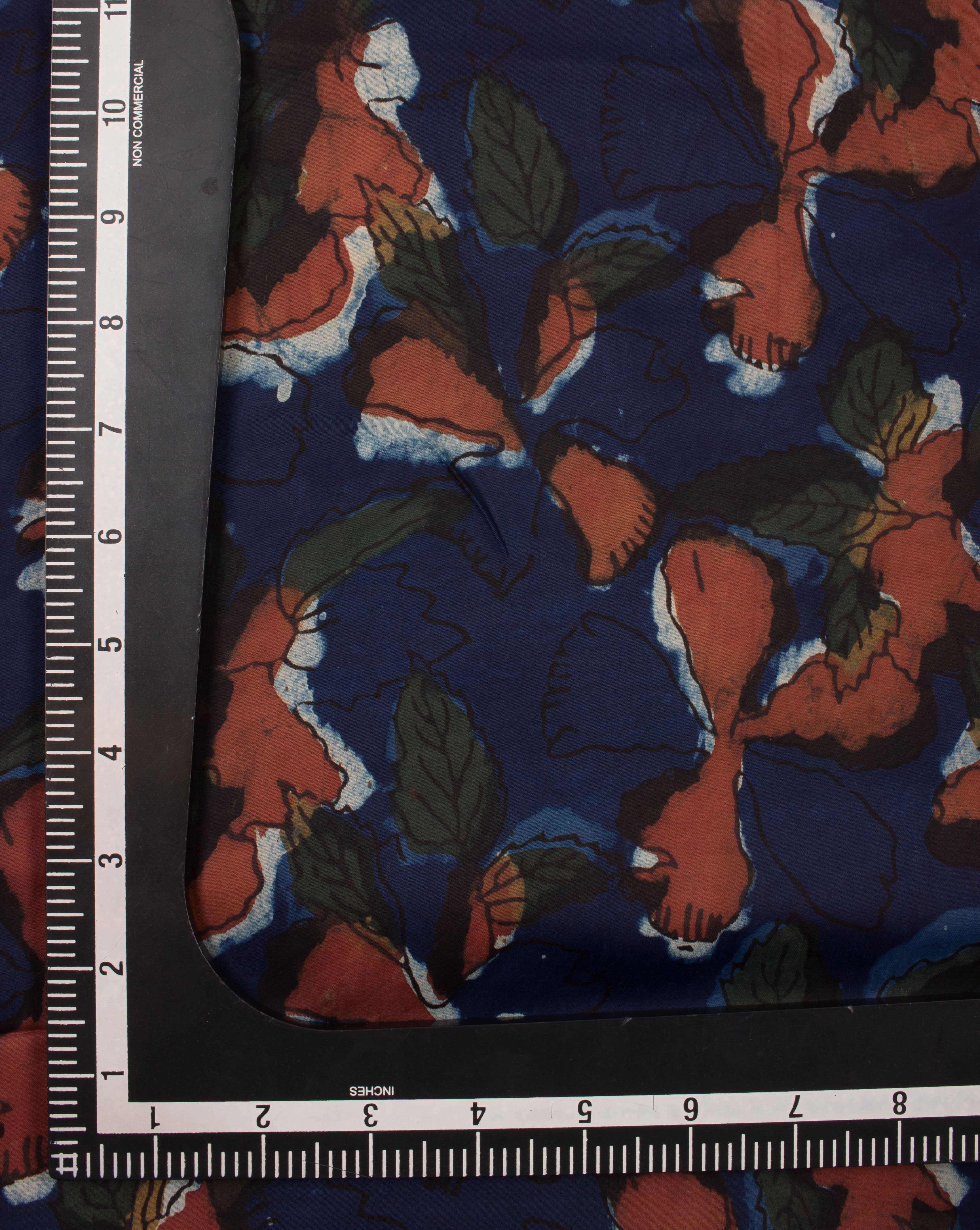 Blue Red Floral Pattern Indigo Hand Block Modal Satin Fabric - Fabriclore.com