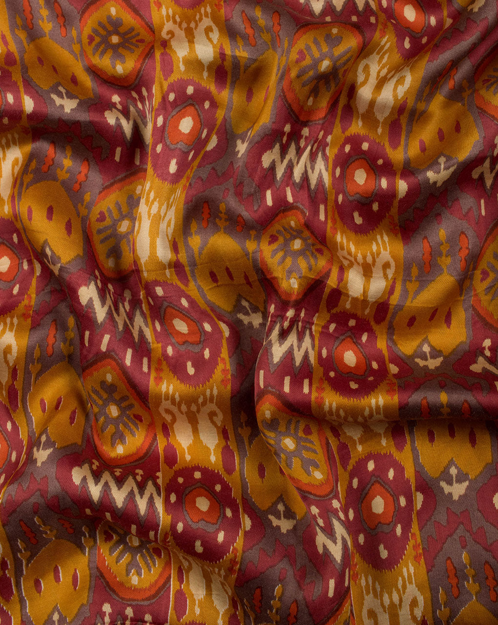 Yellow Red Traditional Pattern Screen Print Modal Satin Fabric - Fabriclore.com