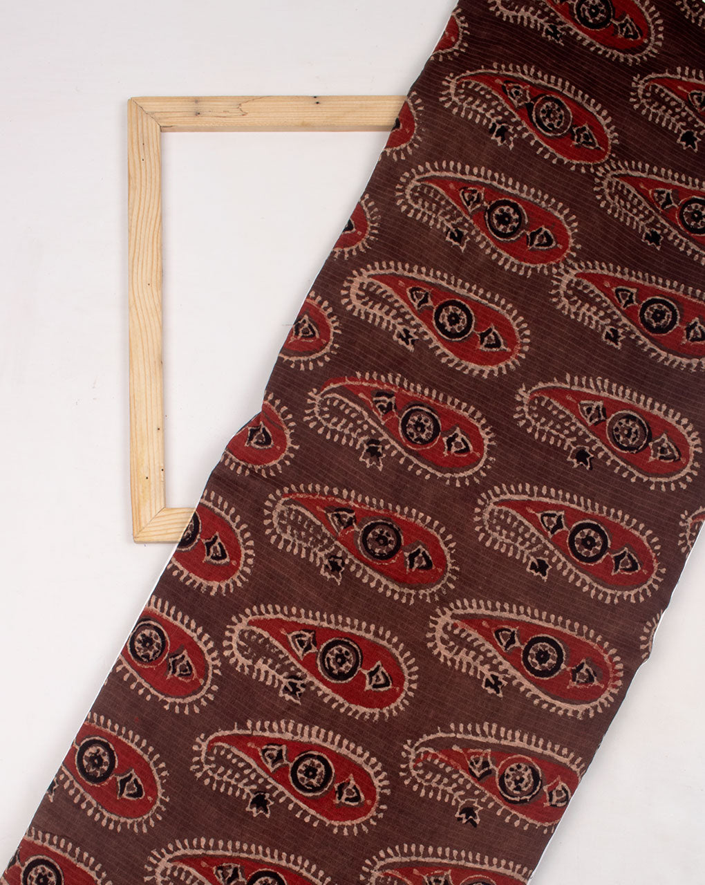 Brown & Red Paisley Pattern Ajrak Hand Block Natural Dye Zari Border Maheshwari Silk Fabric - Fabriclore.com