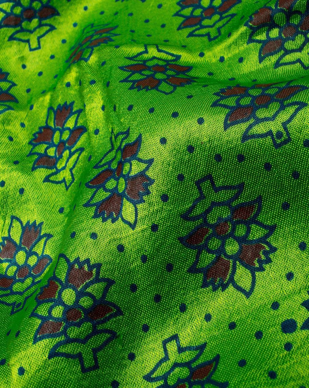 ( Pre-Cut 1.5 MTR ) Green Red Booti Pattern Screen Print Mashru Silk Fabric - Fabriclore.com