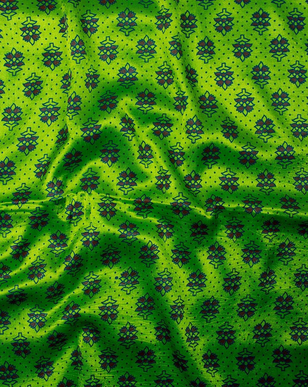 ( Pre-Cut 1.5 MTR ) Green Red Booti Pattern Screen Print Mashru Silk Fabric - Fabriclore.com