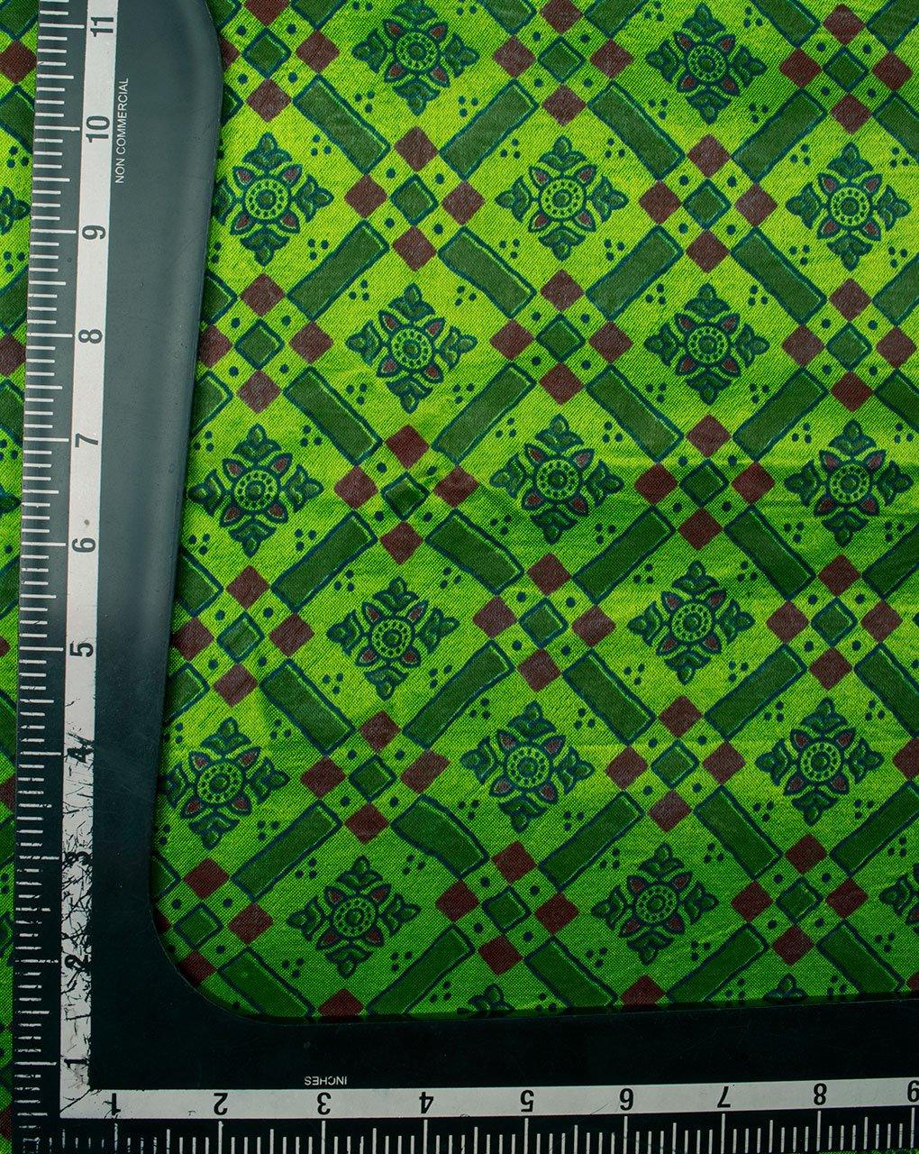 ( Pre-Cut 2 MTR ) Green Red Geometric Pattern Screen Print Ajrak Mashru Silk Fabric - Fabriclore.com