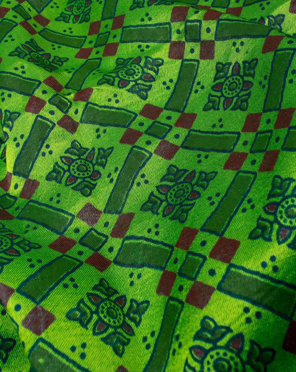 ( Pre-Cut 2 MTR ) Green Red Geometric Pattern Screen Print Ajrak Mashru Silk Fabric - Fabriclore.com