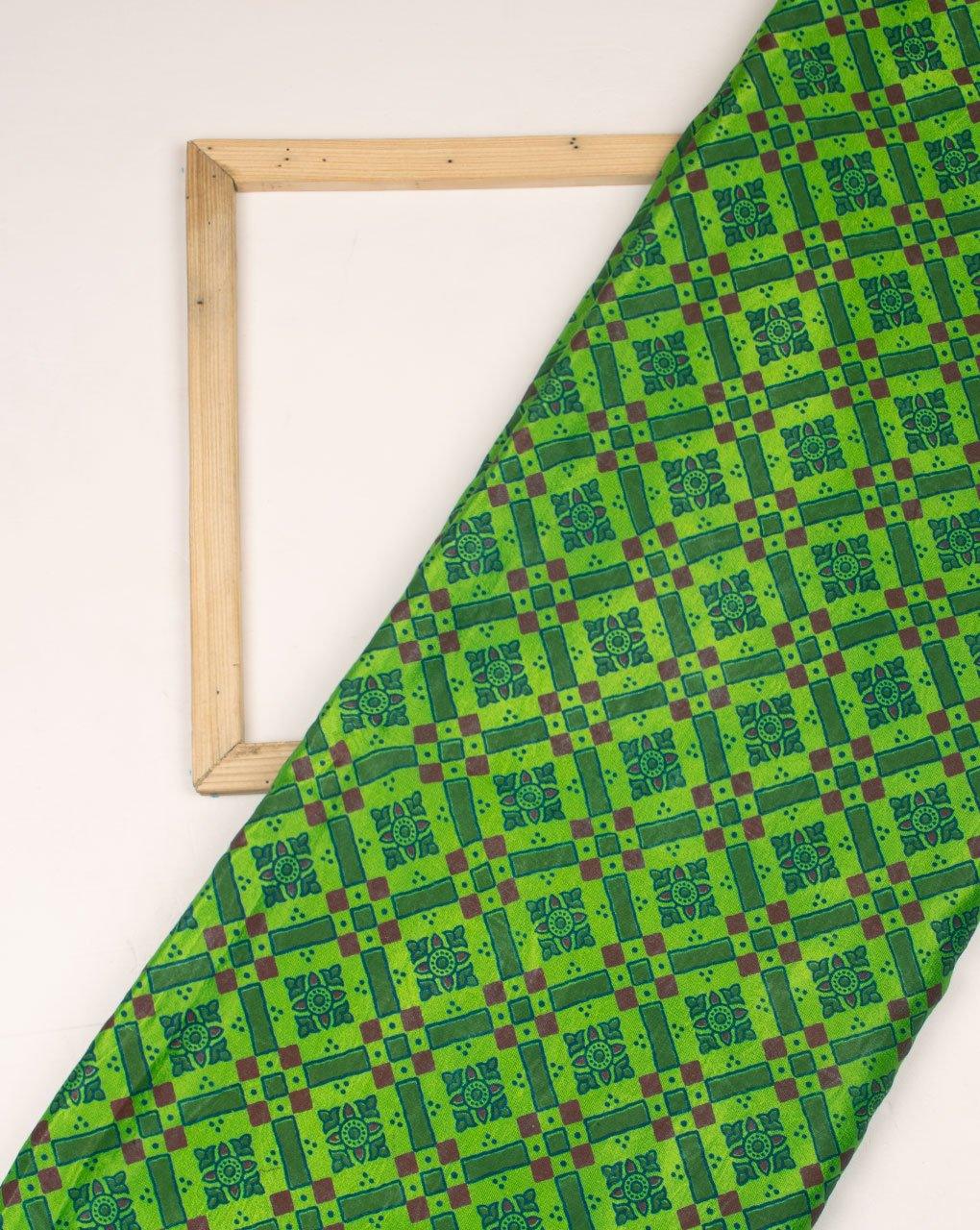 ( Pre-Cut 2 MTR ) Green Red Geometric Pattern Screen Print Ajrak Mashru Silk Fabric - Fabriclore.com