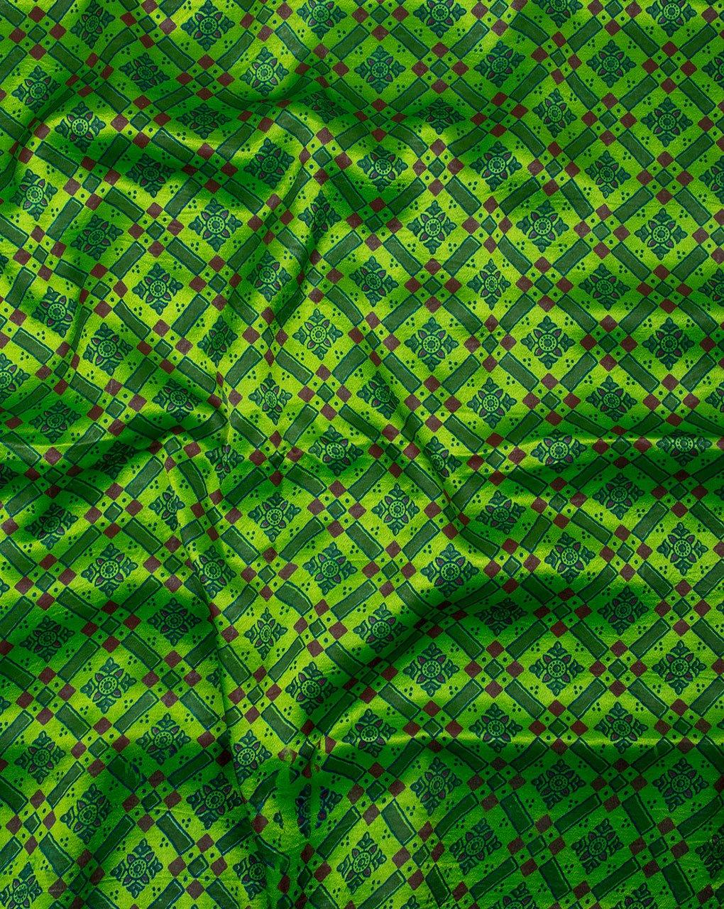 ( Pre-Cut 2 MTR ) Green Red Geometric Pattern Screen Print Ajrak Mashru Silk Fabric - Fabriclore.com