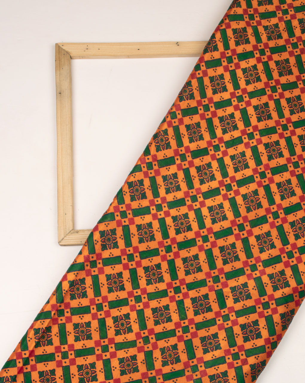 Orange Green Geometric Screen Print Ajrak Mashru Silk Fabric - Fabriclore.com