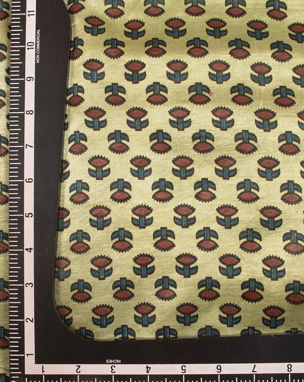 ( Pre-Cut 1 MTR ) Green Red Booti Pattern Screen Print Mashru Silk Fabric - Fabriclore.com