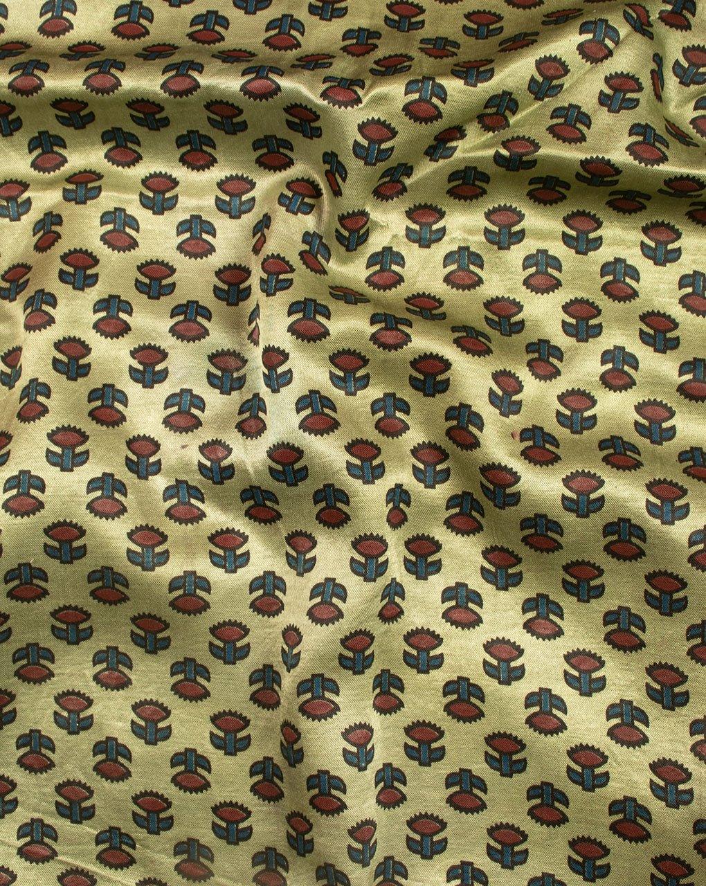 ( Pre-Cut 1 MTR ) Green Red Booti Pattern Screen Print Mashru Silk Fabric - Fabriclore.com