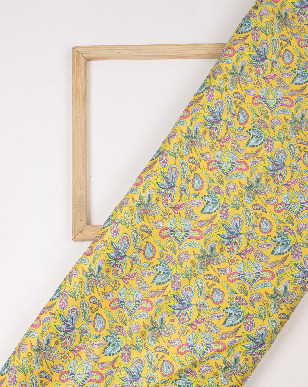 Yellow Blue Floral Digital Modal Satin Fabric - Fabriclore.com