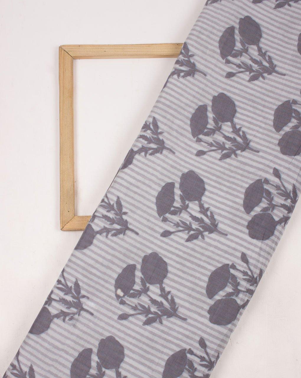 ( Pre-Cut 1.25 MTR ) Grey Off-White Floral Screen Print Viscose Muslin Fabric - Fabriclore.com