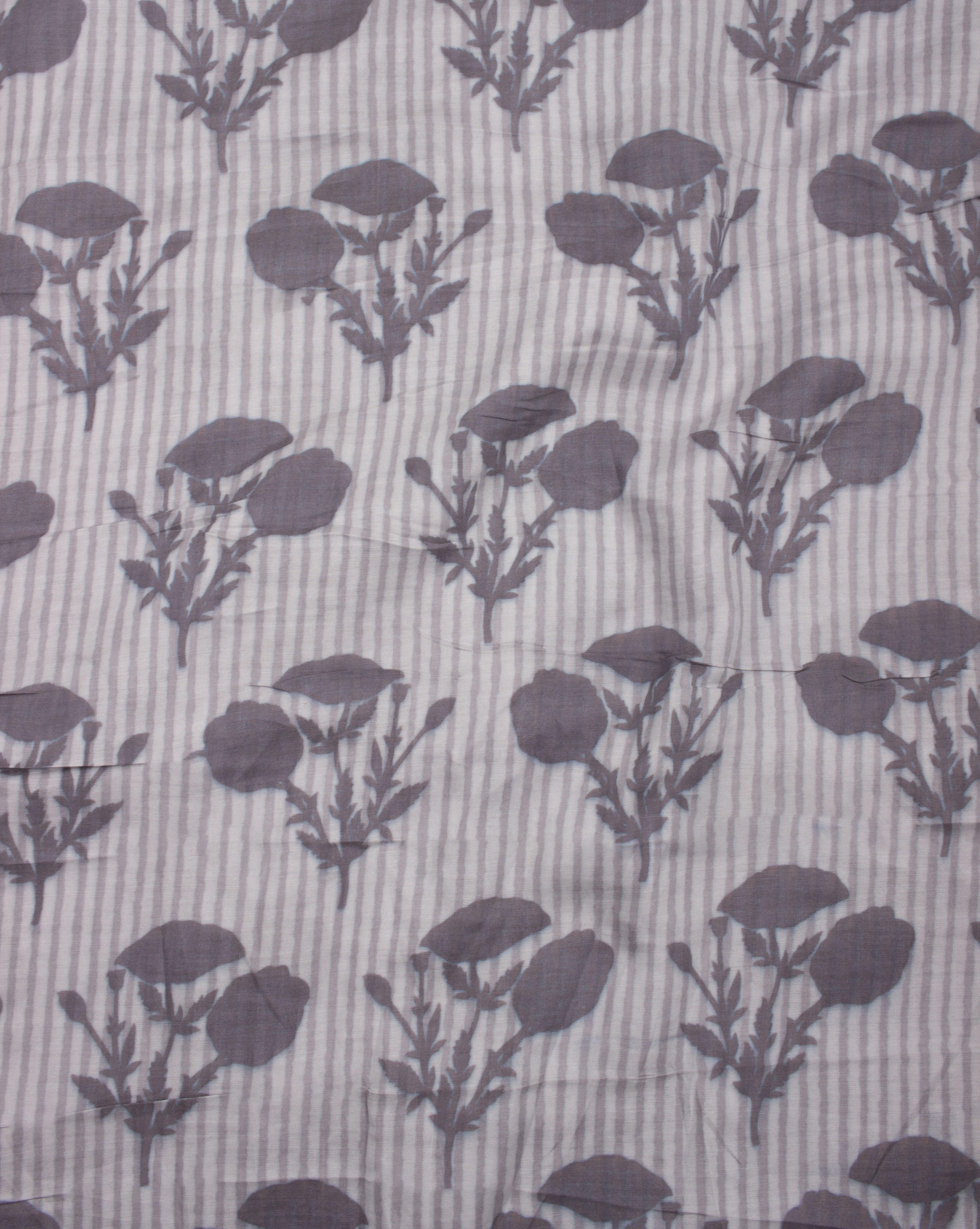 ( Pre-Cut 1.25 MTR ) Grey Off-White Floral Screen Print Viscose Muslin Fabric - Fabriclore.com