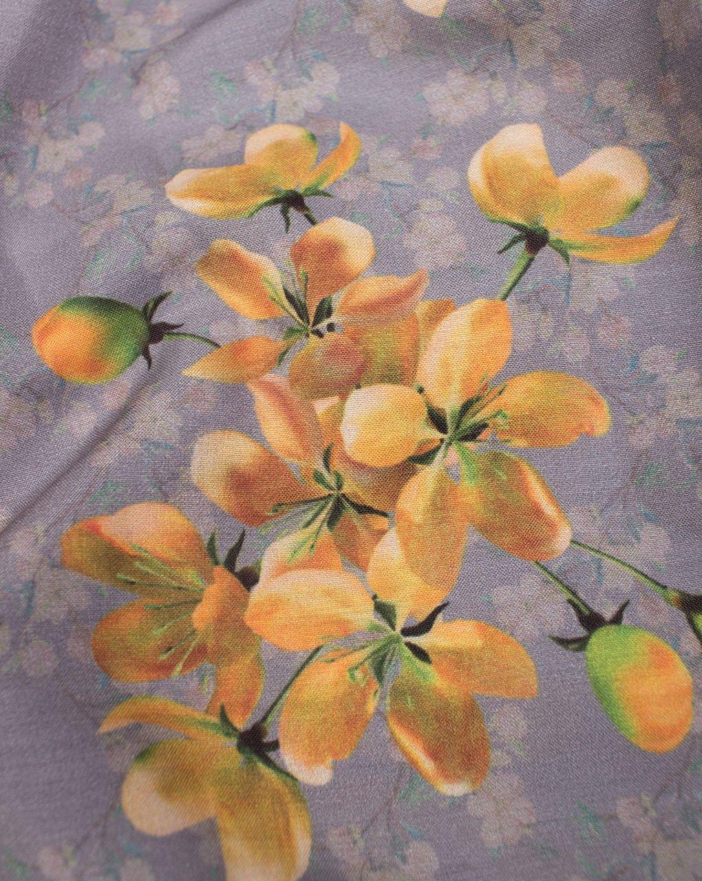( Pre-Cut 1.5 MTR ) Grey Yellow Floral Pattern Digital Print Muslin Fabric - Fabriclore.com