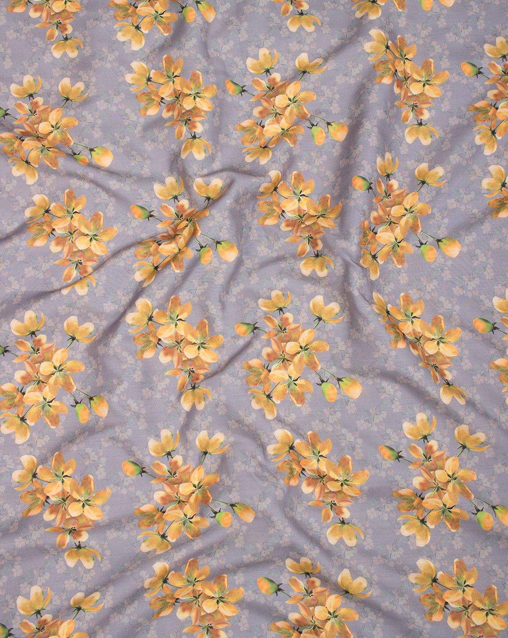 ( Pre-Cut 1.5 MTR ) Grey Yellow Floral Pattern Digital Print Muslin Fabric - Fabriclore.com