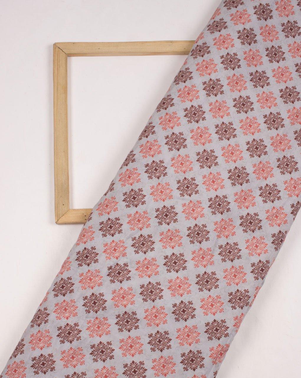 ( Pre-Cut 1.25 MTR ) Grey Red Traditional Pattern Digital Print Muslin Fabric - Fabriclore.com