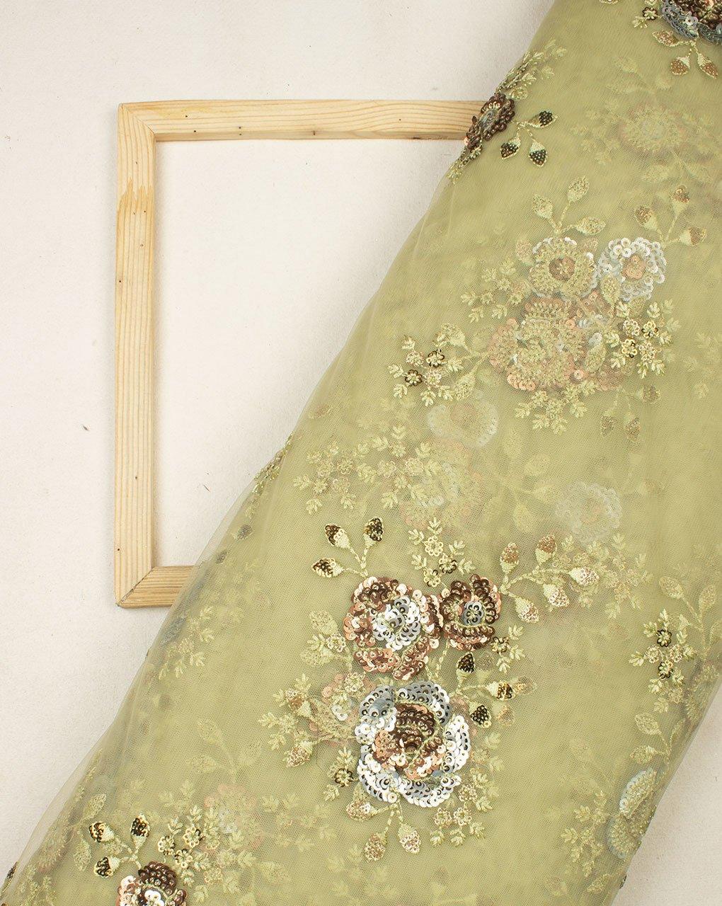 ( Pre-Cut 1.5 MTR ) Green & Silver Floral Embroidered Net Fabric - Fabriclore.com