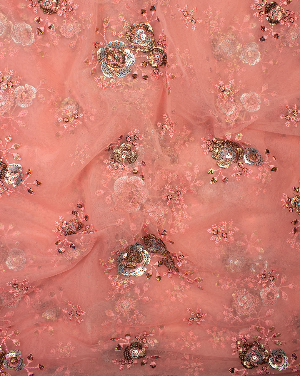 Pink Silver Floral Embroidered Net Fabric - Fabriclore.com