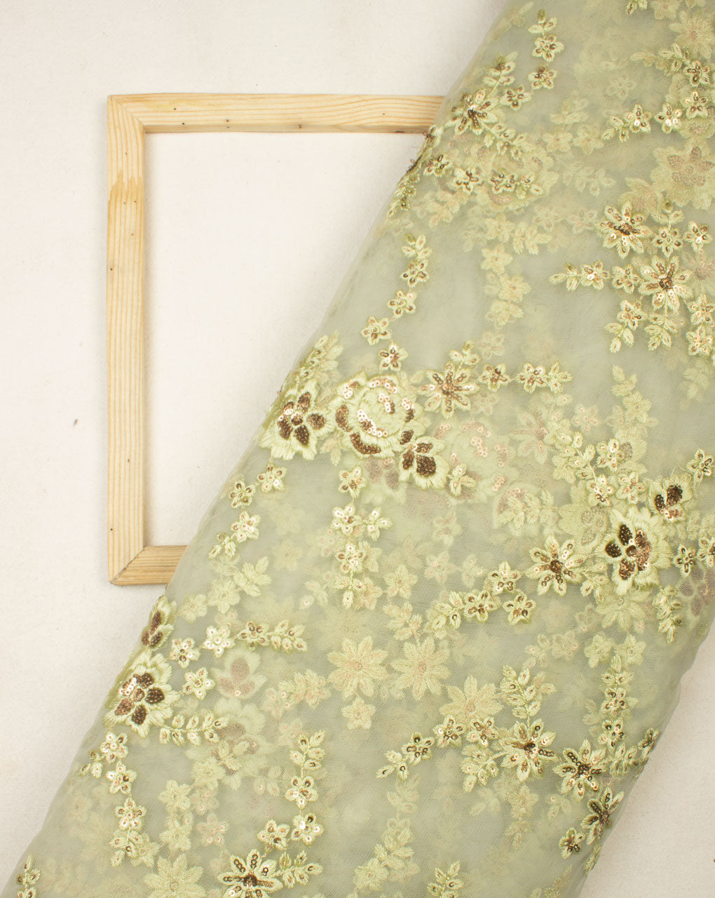 Green Gold Floral Pattern Embroidred Net Fabric - Fabriclore.com