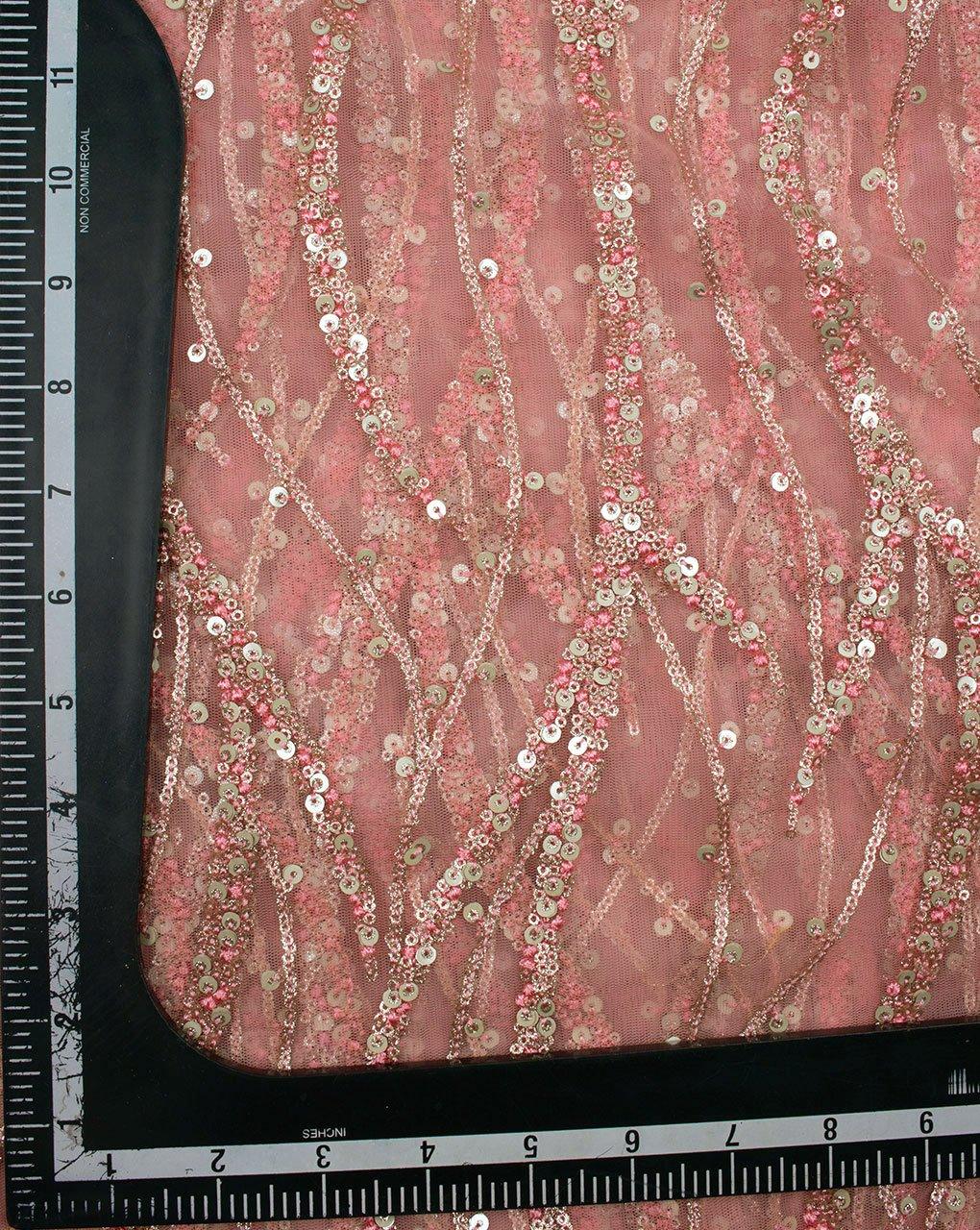 ( Pre-Cut 1.25 MTR ) Pink Gold Stripes Embroidered Net Fabric - Fabriclore.com