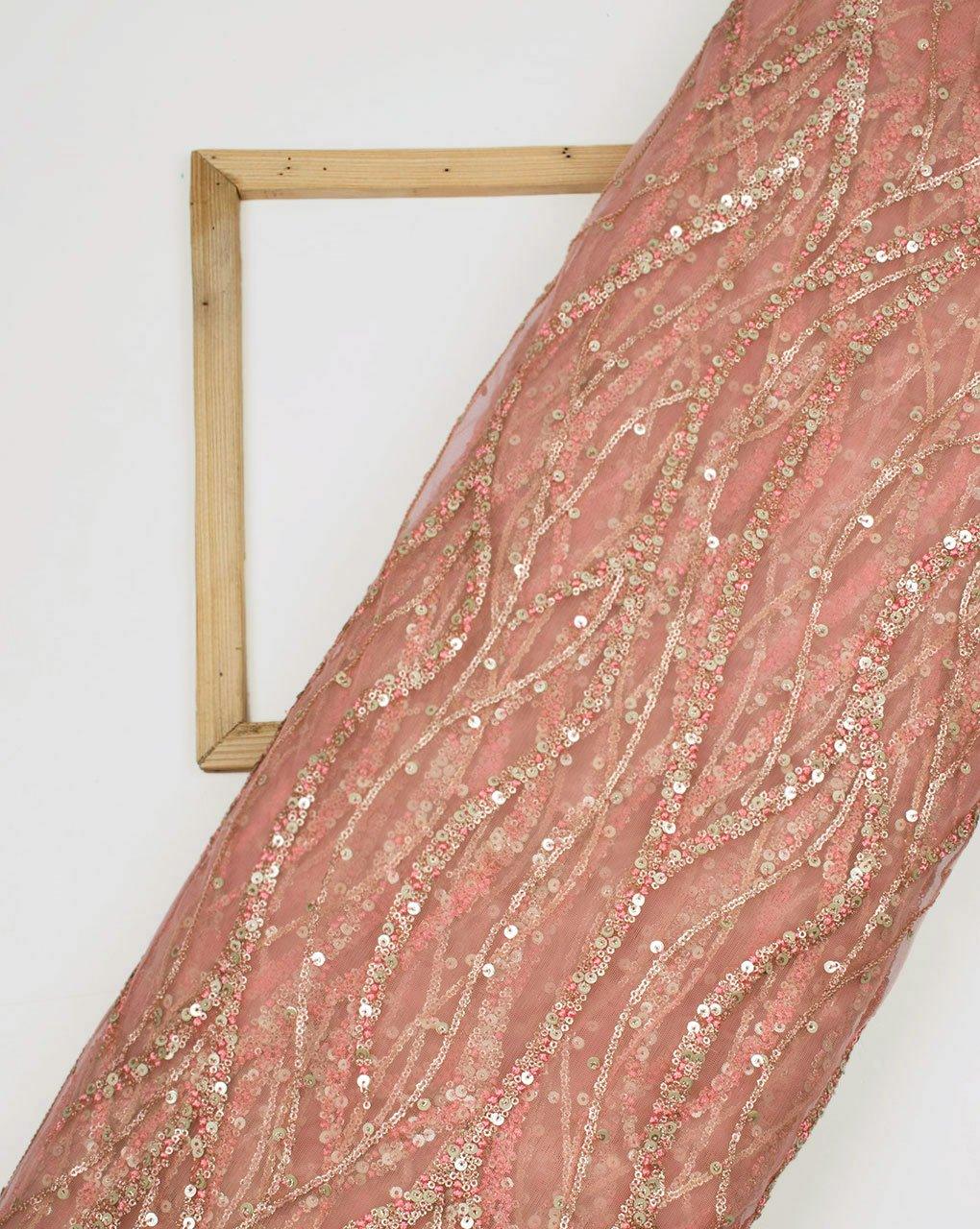 ( Pre-Cut 1.25 MTR ) Pink Gold Stripes Embroidered Net Fabric - Fabriclore.com