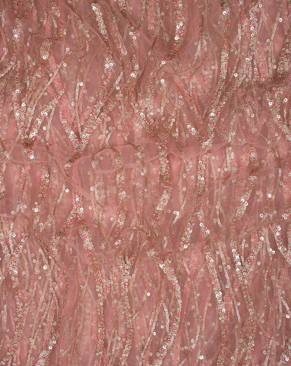 ( Pre-Cut 1.25 MTR ) Pink Gold Stripes Embroidered Net Fabric - Fabriclore.com