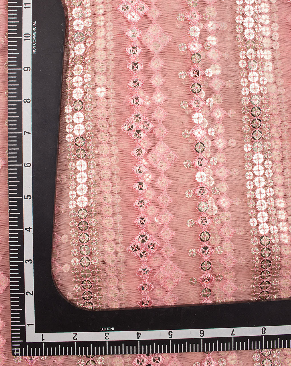 Salmon Gold Stripes Embroidered Premium Net Fabric - Fabriclore.com