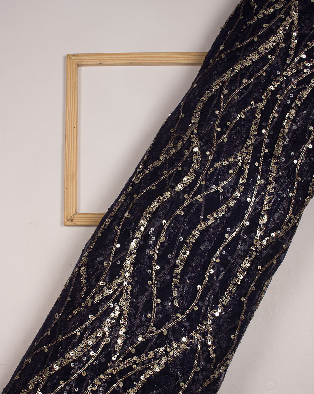 Navy Blue Gold Stripes Pattern Embroidered Sequins Work Premium Net Fabric - Fabriclore.com