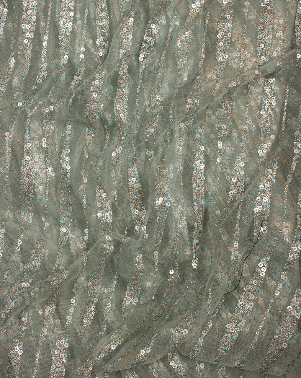 Sea Green Gold Stripes Pattern Embroidered Sequins Work Premium Net Fabric - Fabriclore.com