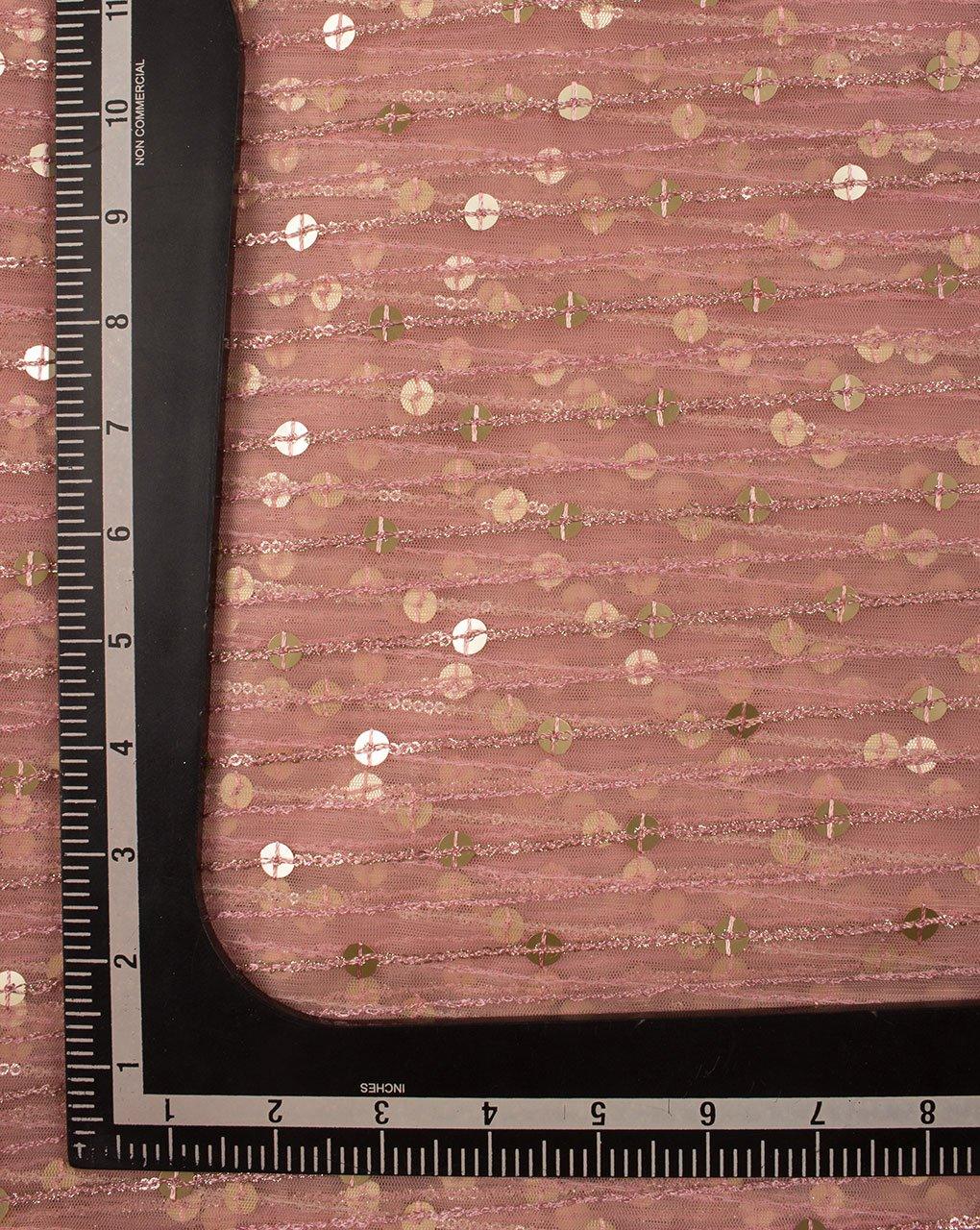 ( Pre-Cut 1.75 MTR ) Salmon Gold Stripes Pattern Embroidered Sequins Work Premium Net Fabric - Fabriclore.com