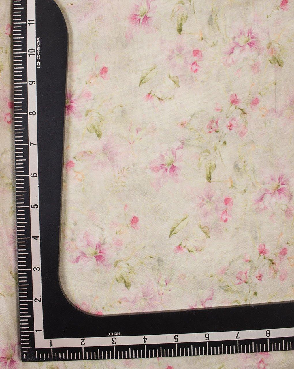 ( Pre-Cut 1 MTR ) Off-White Pink Floral Pattern Digital Print Viscose Organza Fabric - Fabriclore.com