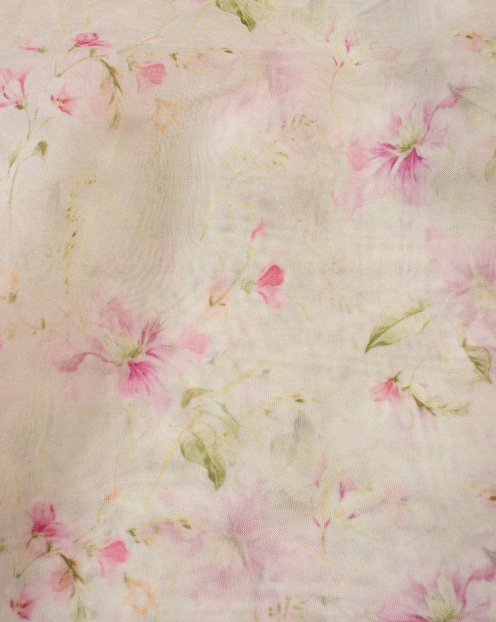 ( Pre-Cut 1 MTR ) Off-White Pink Floral Pattern Digital Print Viscose Organza Fabric - Fabriclore.com