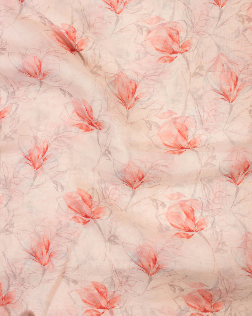 Orange Floral Pattern Digital Print Viscose Organza Fabric - Fabriclore.com