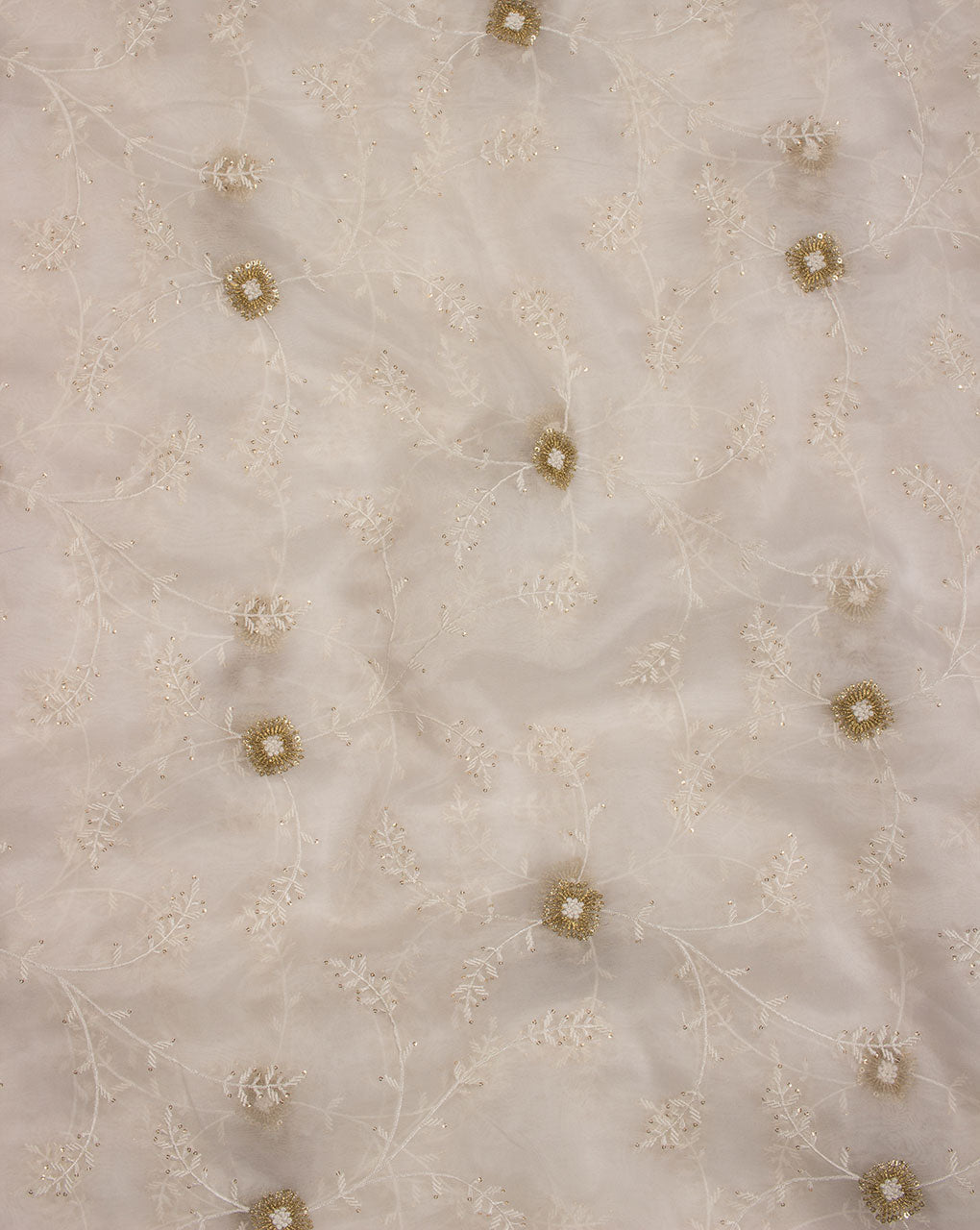 White Gold Floral Pattern Embroidered Sequins Zari Work Dyeable Organza Tissue Fabric - Fabriclore.com