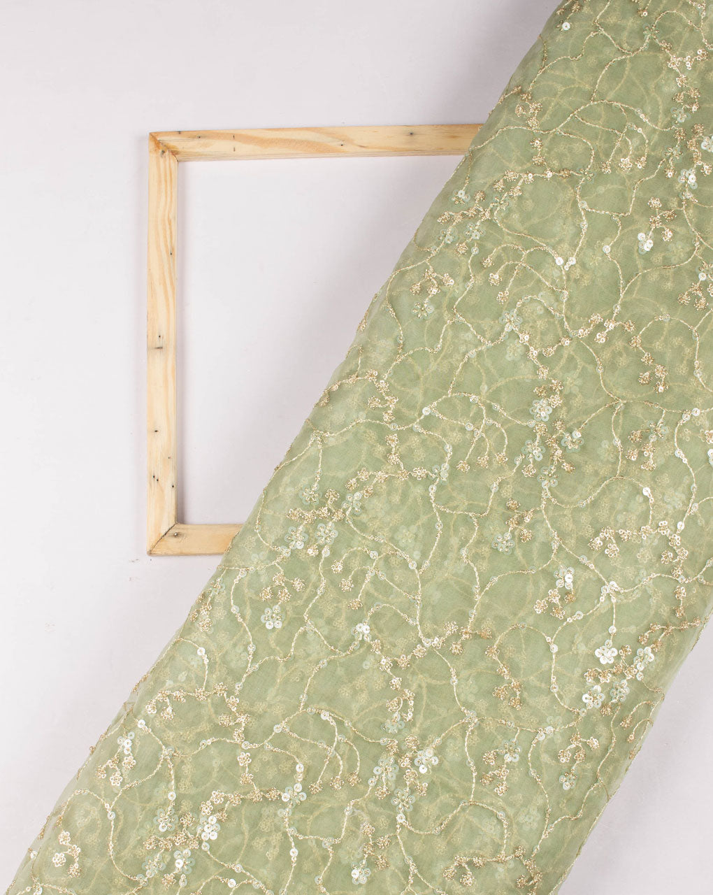Green Silver Floral Sequins Embroidered Organza Tissue Fabric - Fabriclore.com