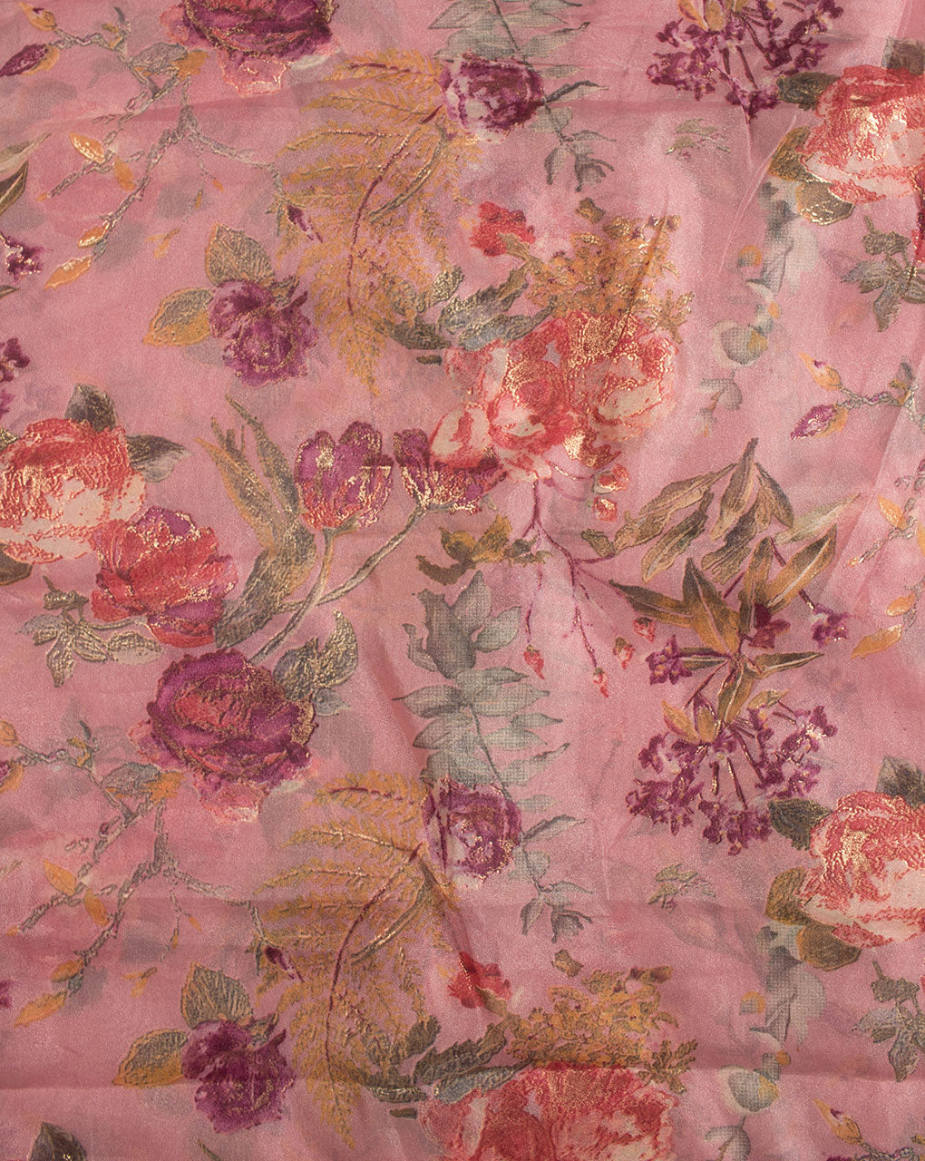 Pink Floral Foil Screen Print Organza Tissue Fabric - Fabriclore.com
