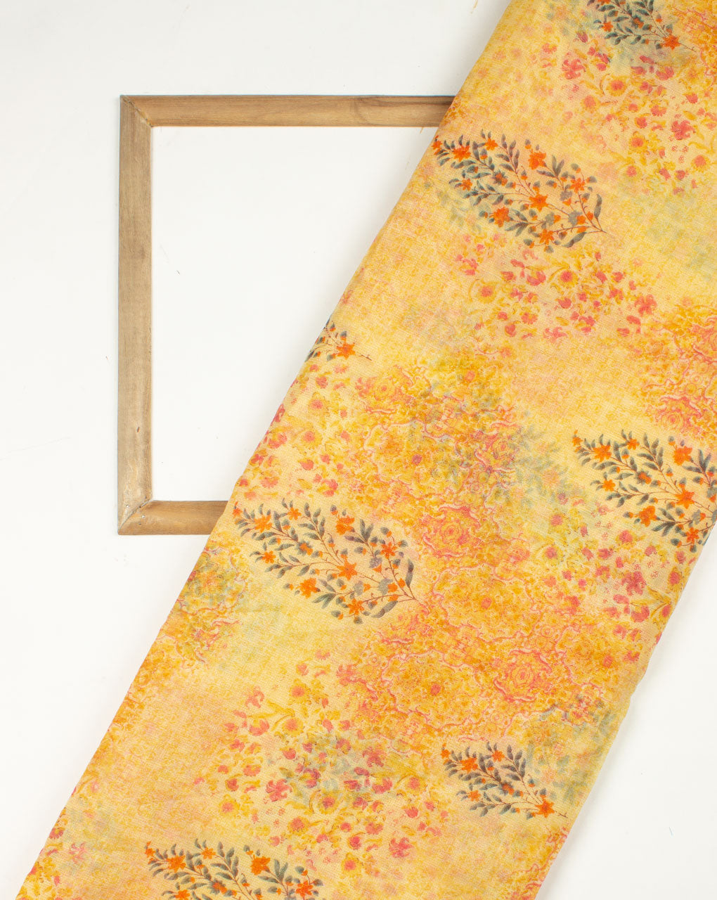 Yellow Teal Floral Mughal Pattern Screen Print Organza Tissue Fabric - Fabriclore.com