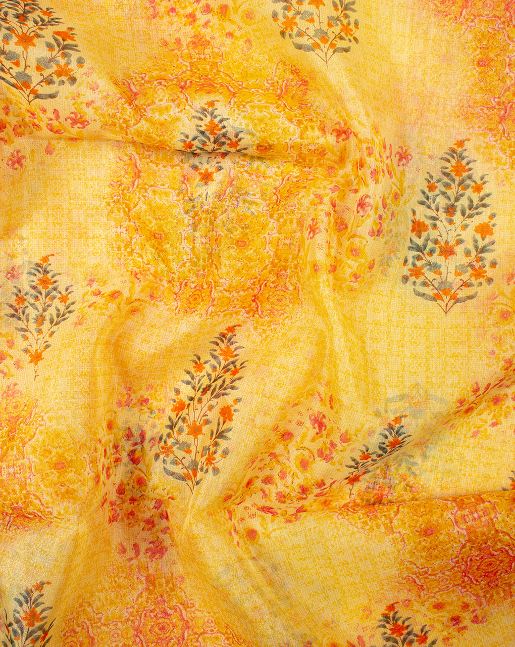 Yellow Teal Floral Mughal Pattern Screen Print Organza Tissue Fabric - Fabriclore.com