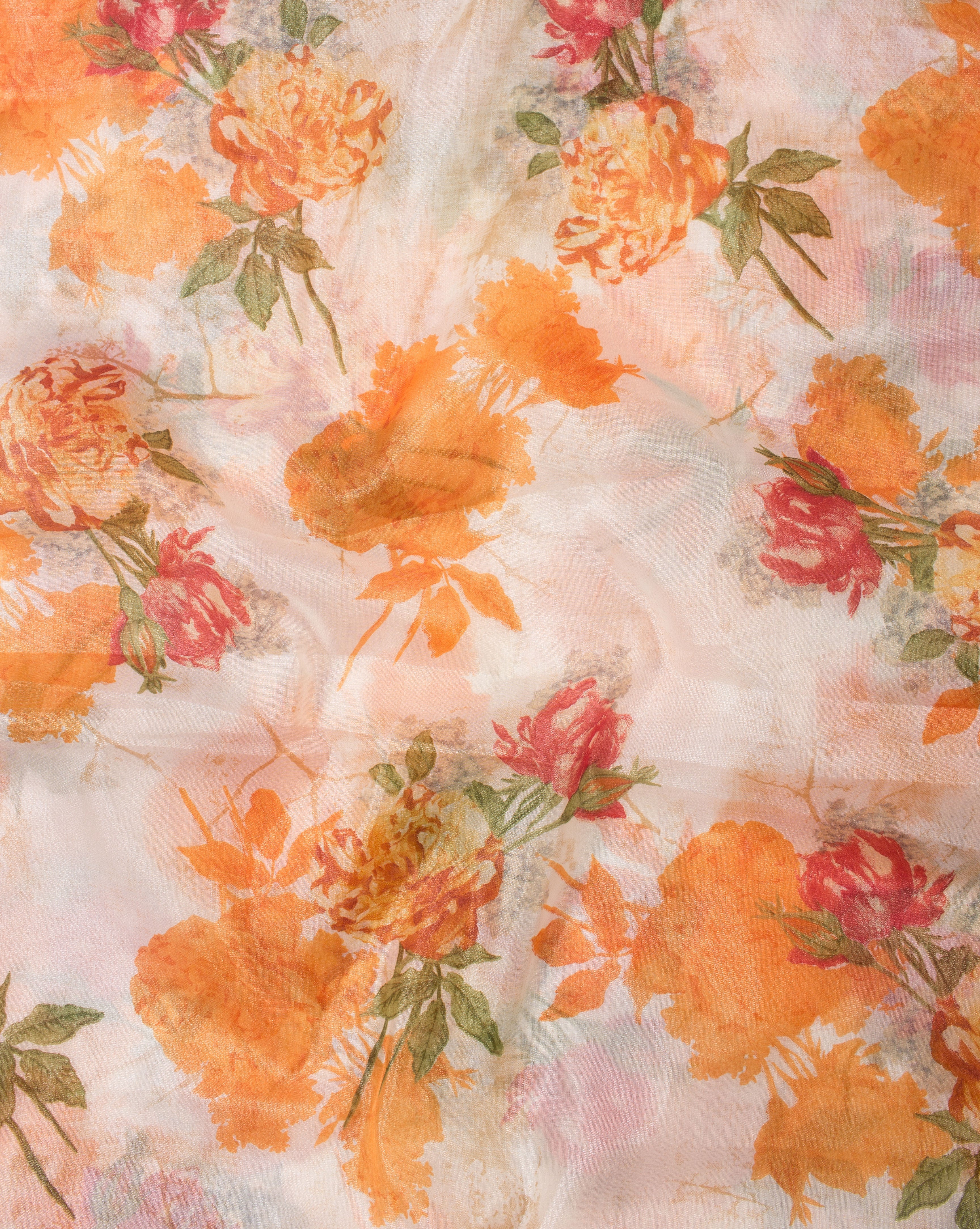 White Orange Floral Pattern Screen Print Organza Tissue Fabric - Fabriclore.com