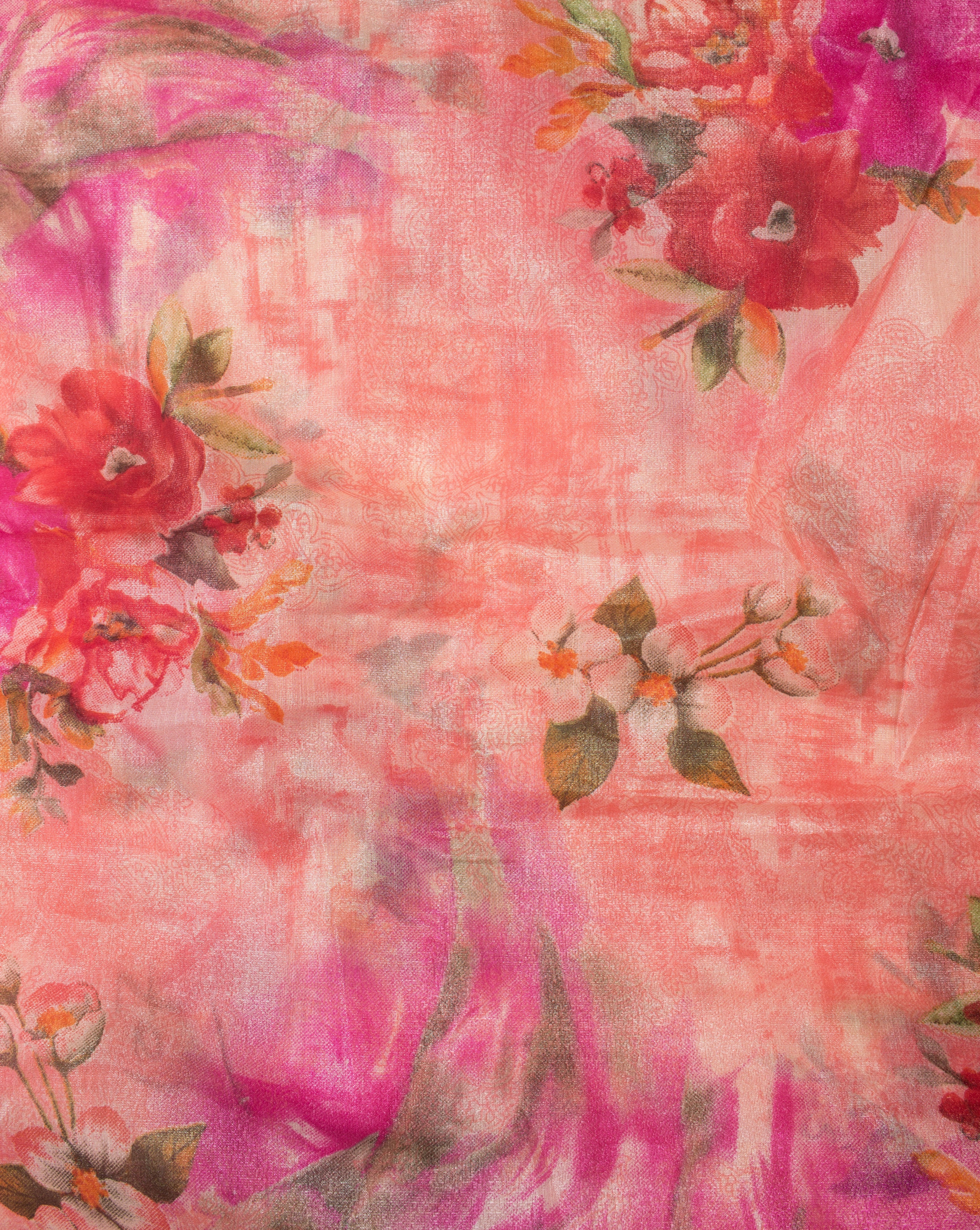 Pink Red Floral Pattern Screen Print Organza Tissue Fabric - Fabriclore.com