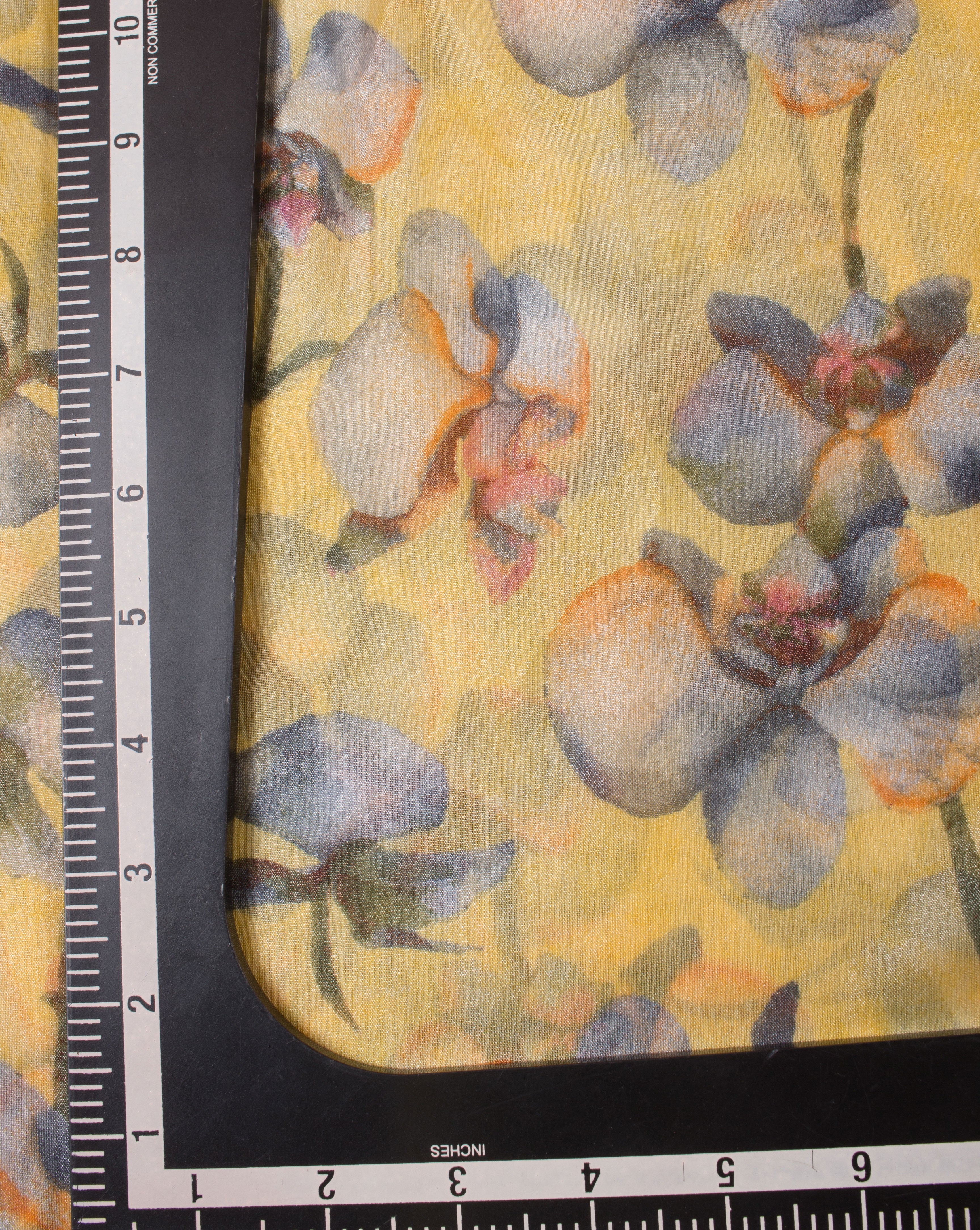 Yellow Grey Floral Pattern Screen Print Organza Tissue Fabric - Fabriclore.com