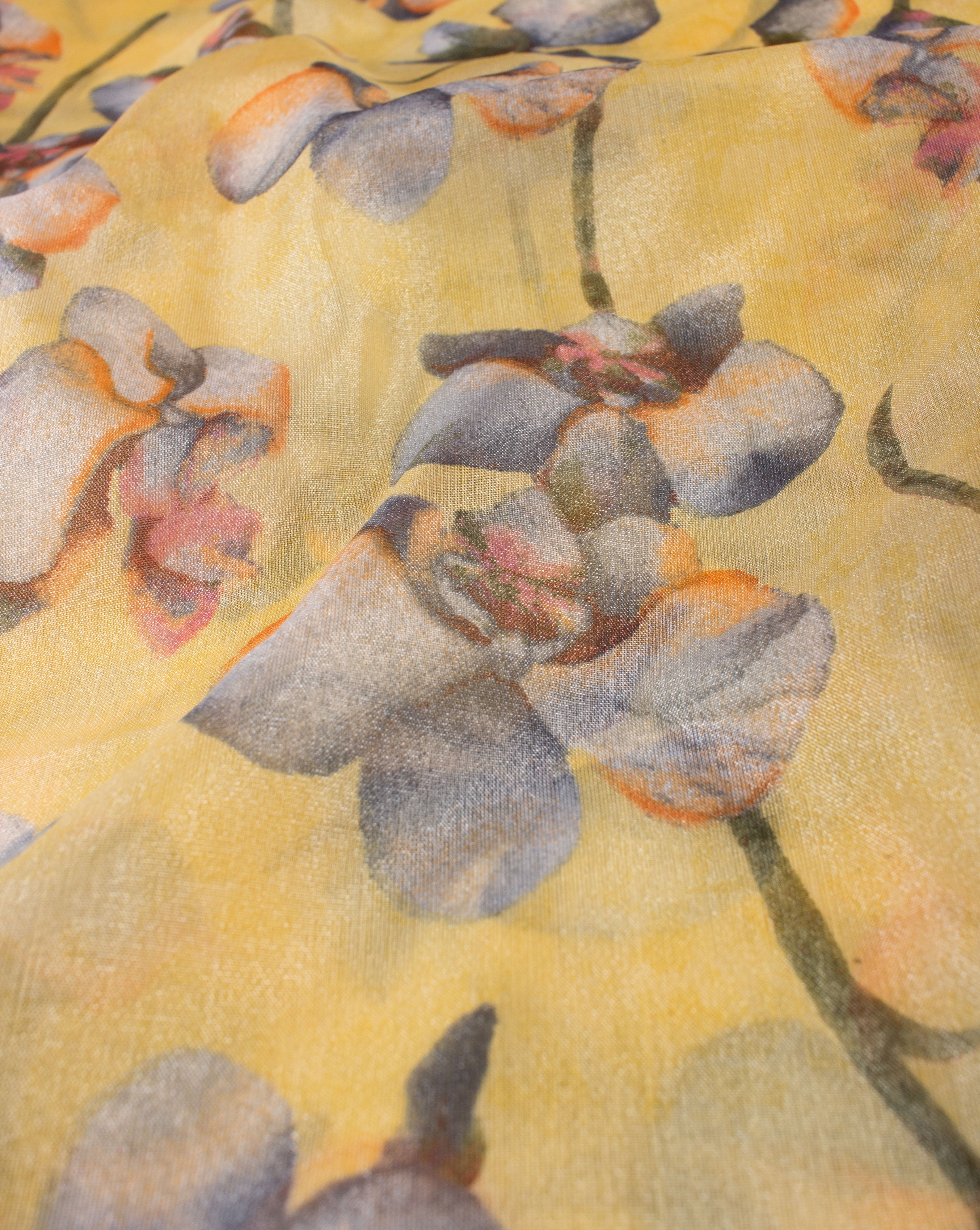 Yellow Grey Floral Pattern Screen Print Organza Tissue Fabric - Fabriclore.com