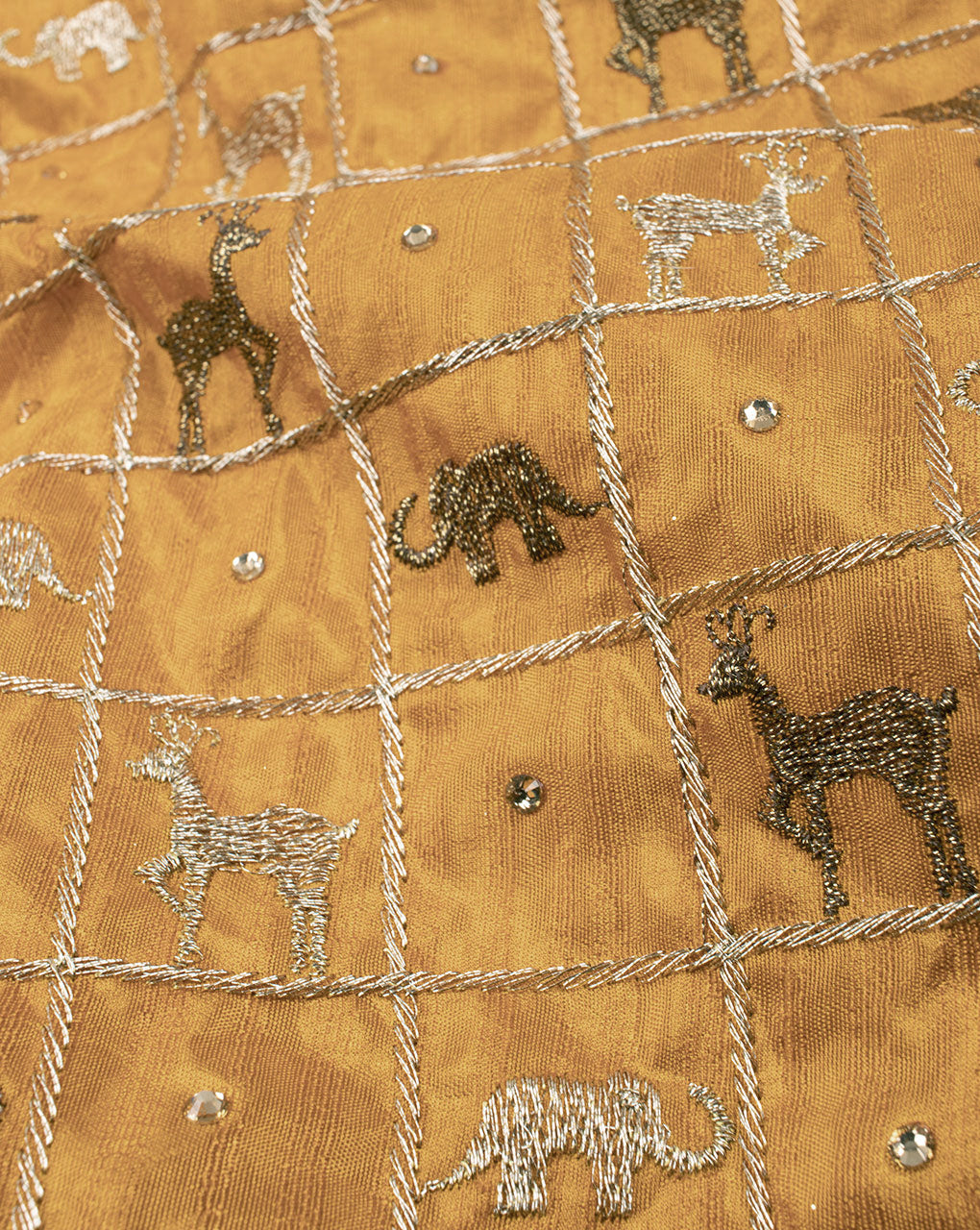 ( Pre Cut 90 CM ) Beige Creature Print Sequins & Zari Work Embroidered Art Raw Silk Fabric